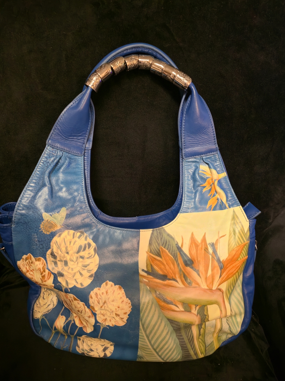 Sharif Blue Leather Shoulder Bag with Yellow Floral Bird-of-Paradise Accent - Picture 2 of 9
